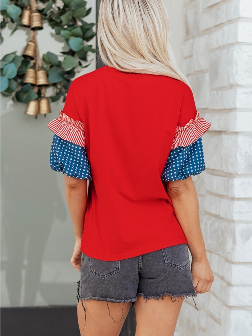 Stars & Stripes Ruffle Sleeve Women's Top in Red - Picture 3 of 9